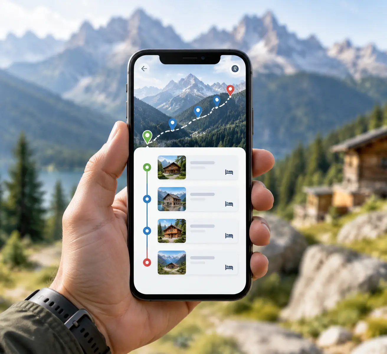 Смартфон в руке путешественника на фоне открытого личного кабинета TripScan с таймлайном маршрута и списком броней хостелов